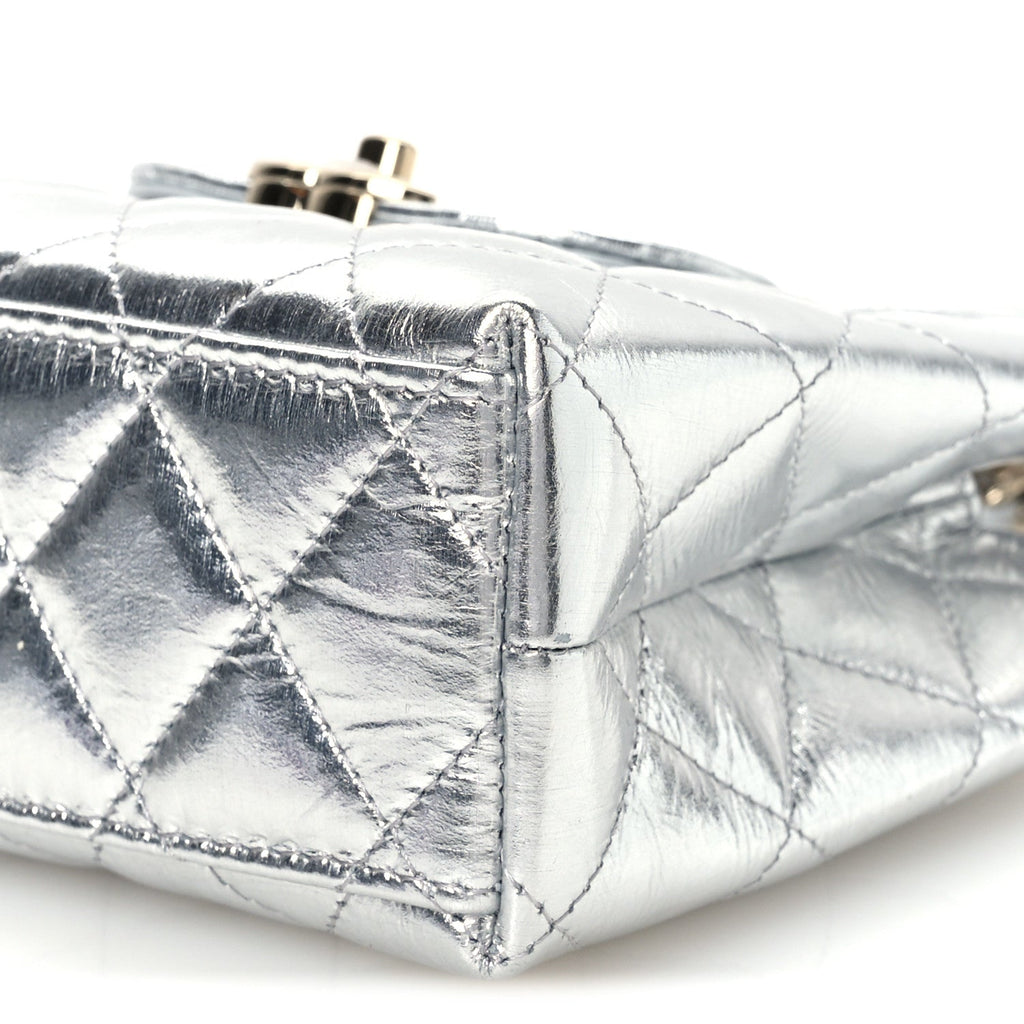 Metallic Aged Calfskin Quilted Nano Kelly Shopper Silvery
