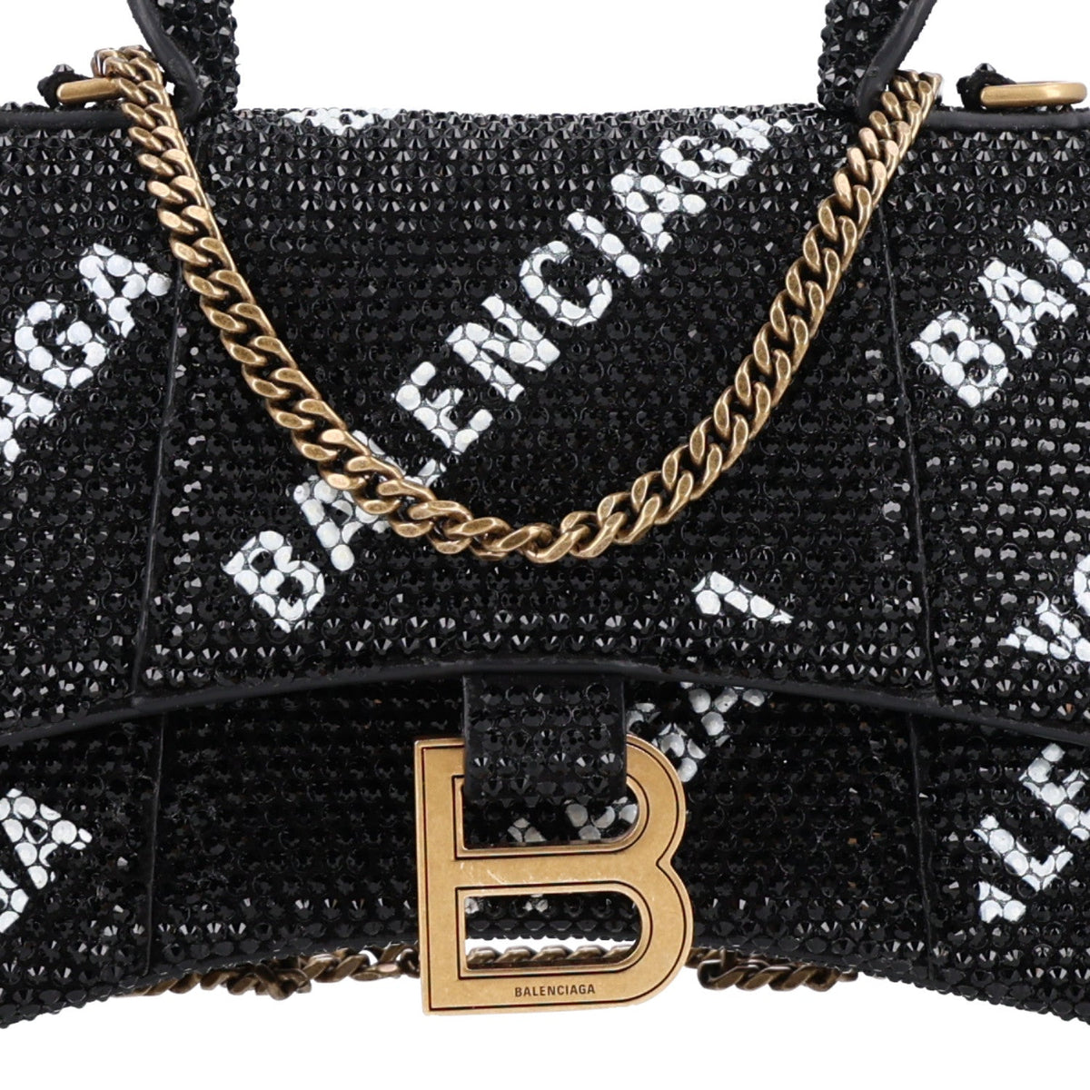 Strass Suede Allover Logo Hourglass Top Handle Bag XS with Chain Black White