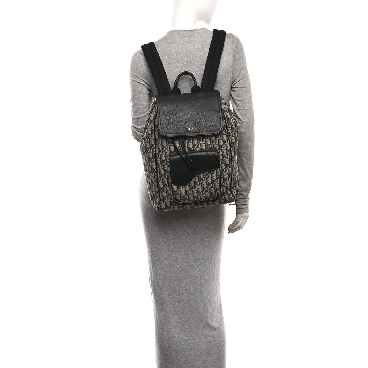 Oblique Jacquard Grained Calfskin Drawstring Saddle Backpack Beige Black
