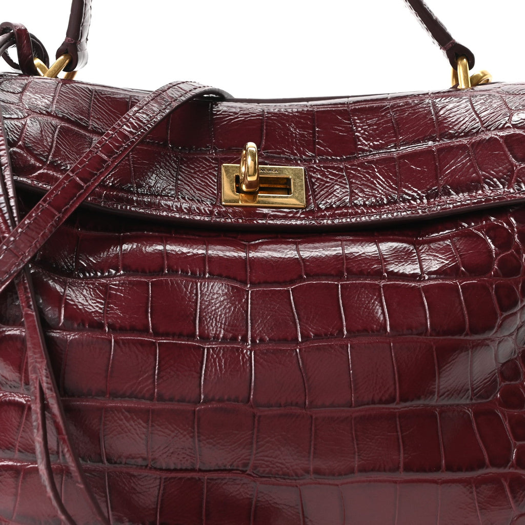Shiny Calfskin Crocodile Embossed Mini Rodeo Top Handle Handbag Dark Burgundy