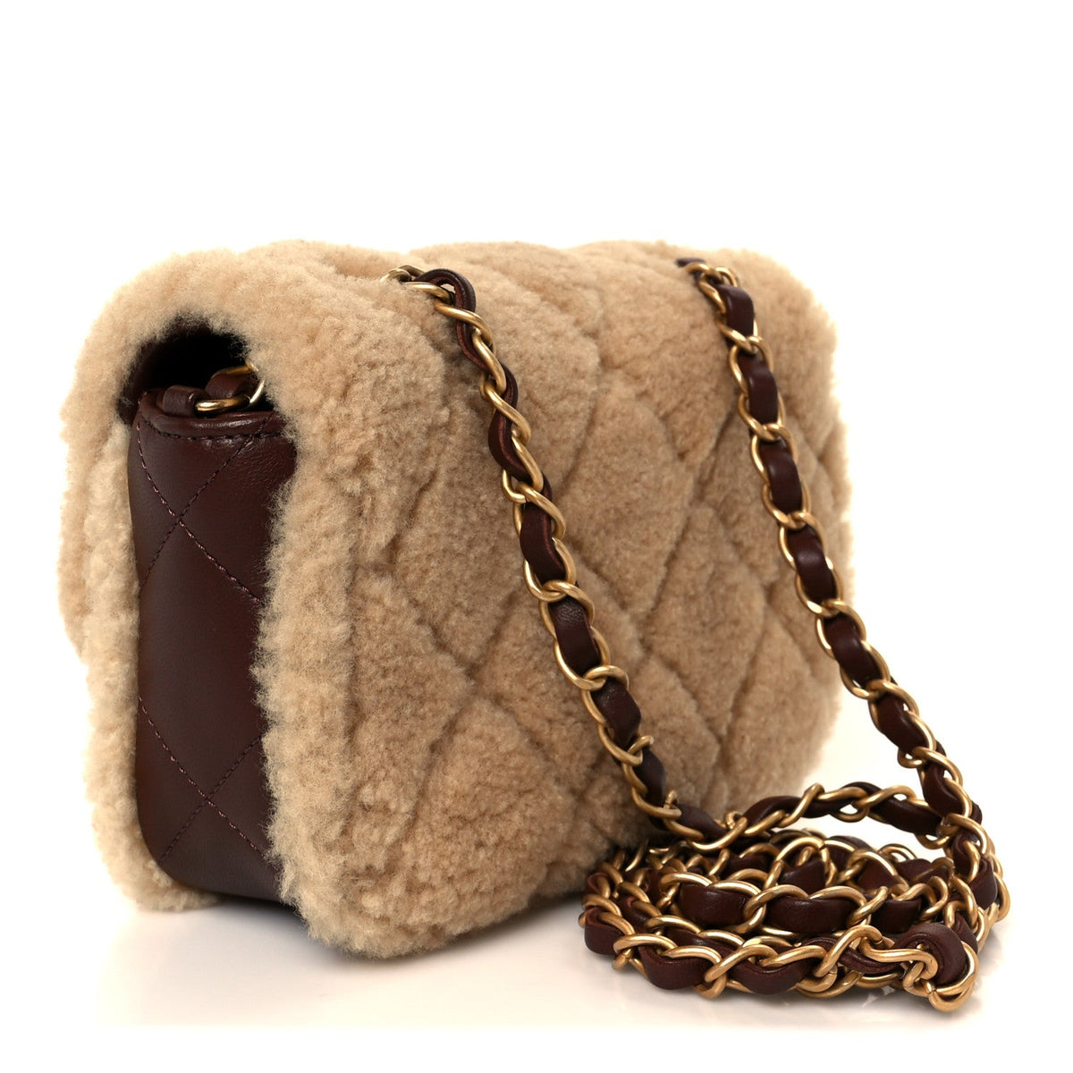 Shearling Lambskin Quilted Mini Furry Coco Flap Beige Dark Brown