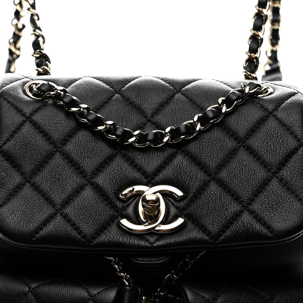 Shiny Caviar Quilted Medium Duma Pockets Drawstring Backpack Black