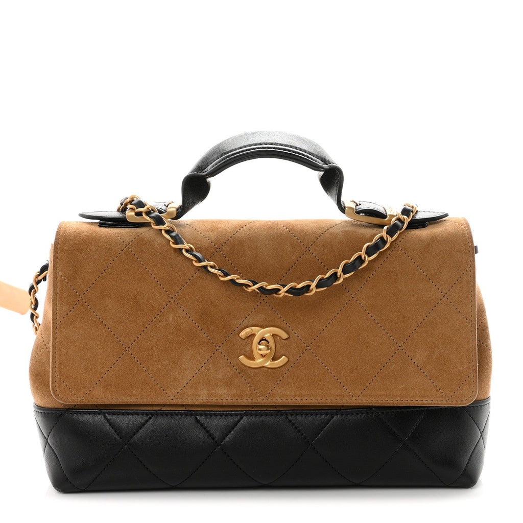 Suede Calfskin Shiny Lambskin Quilted Coco Base Flap Top Handle Bag Beige Black