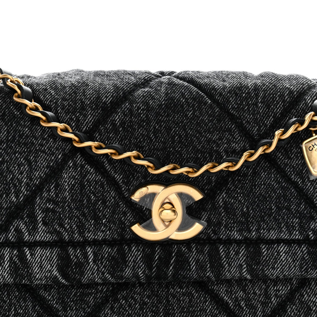 Washed Denim Quilted Large Flap Bag Black