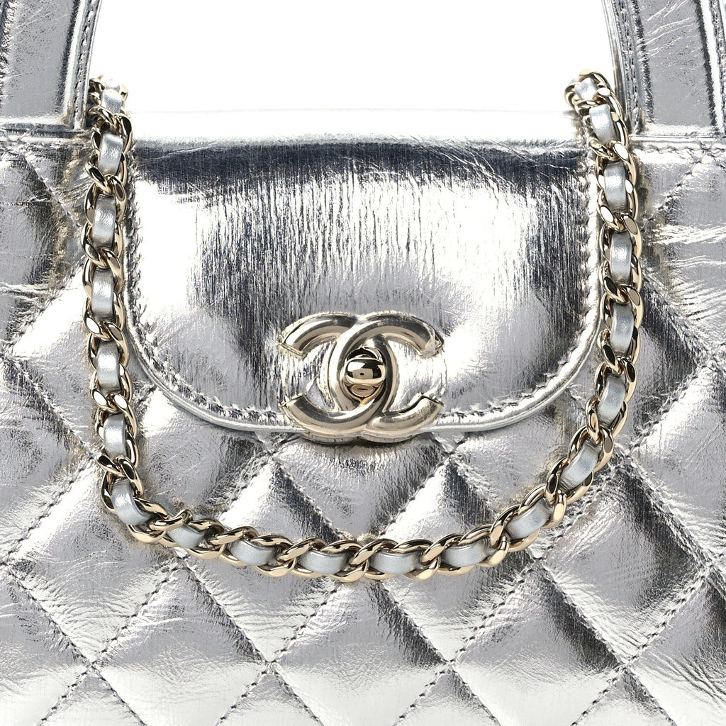 Metallic Aged Calfskin Quilted Nano Kelly Shopper Silvery