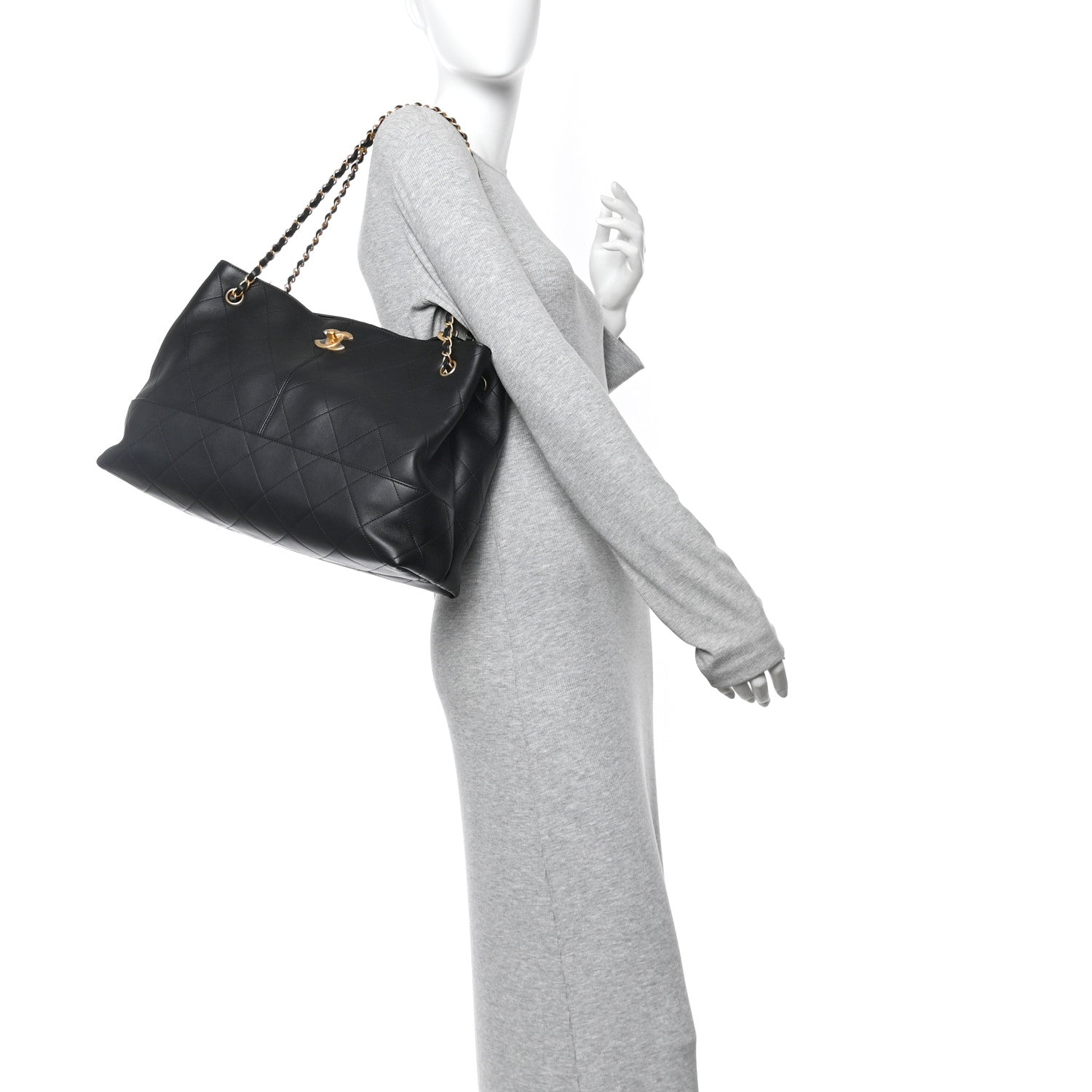 Calfskin Stitched Large Shopping Bag Black