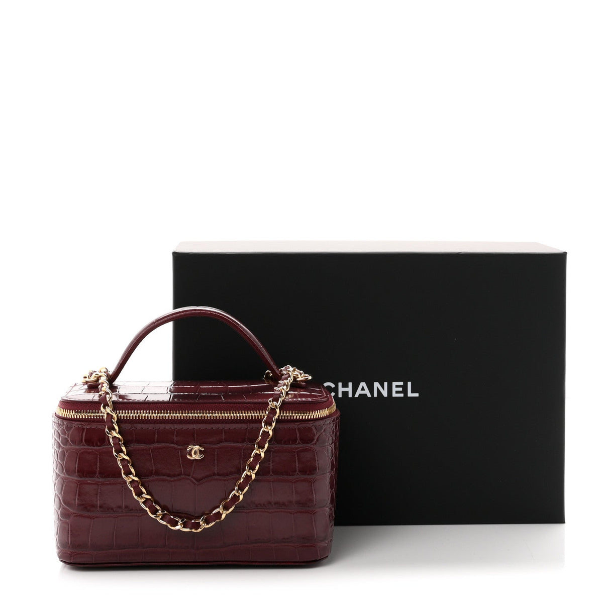 Calfskin Crocodile Embossed Crococo Small Top Handle Vanity Case With Chain Dark Burgundy