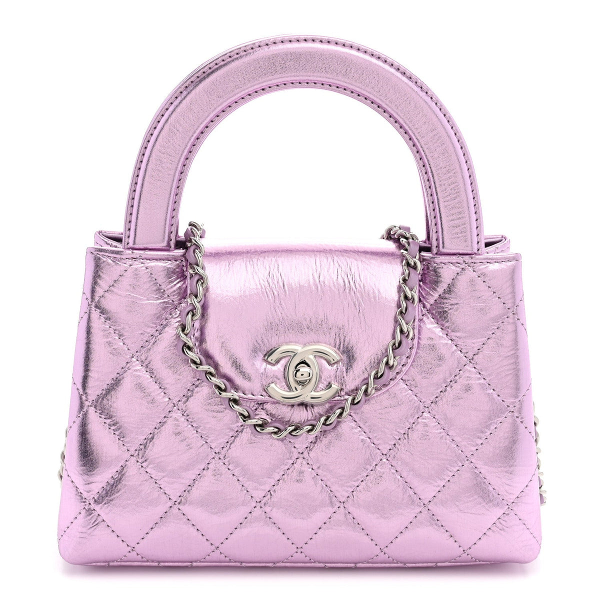 Metallic Aged Calfskin Quilted Nano Kelly Shopper Pink