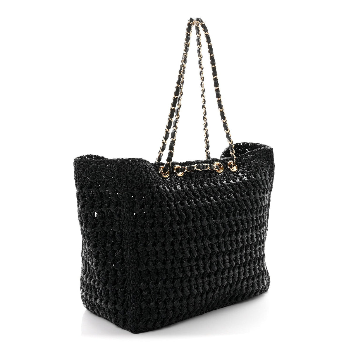 Raffia Effect Calfskin Coco Beach Shopping Tote Black