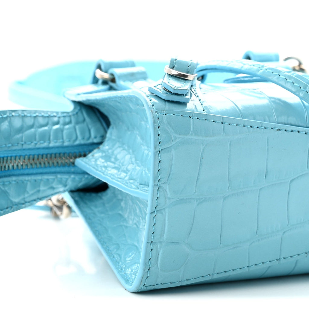 Calfskin Crocodile Embossed Neo Classic Silver Hardware Nano City Crossbody Azur