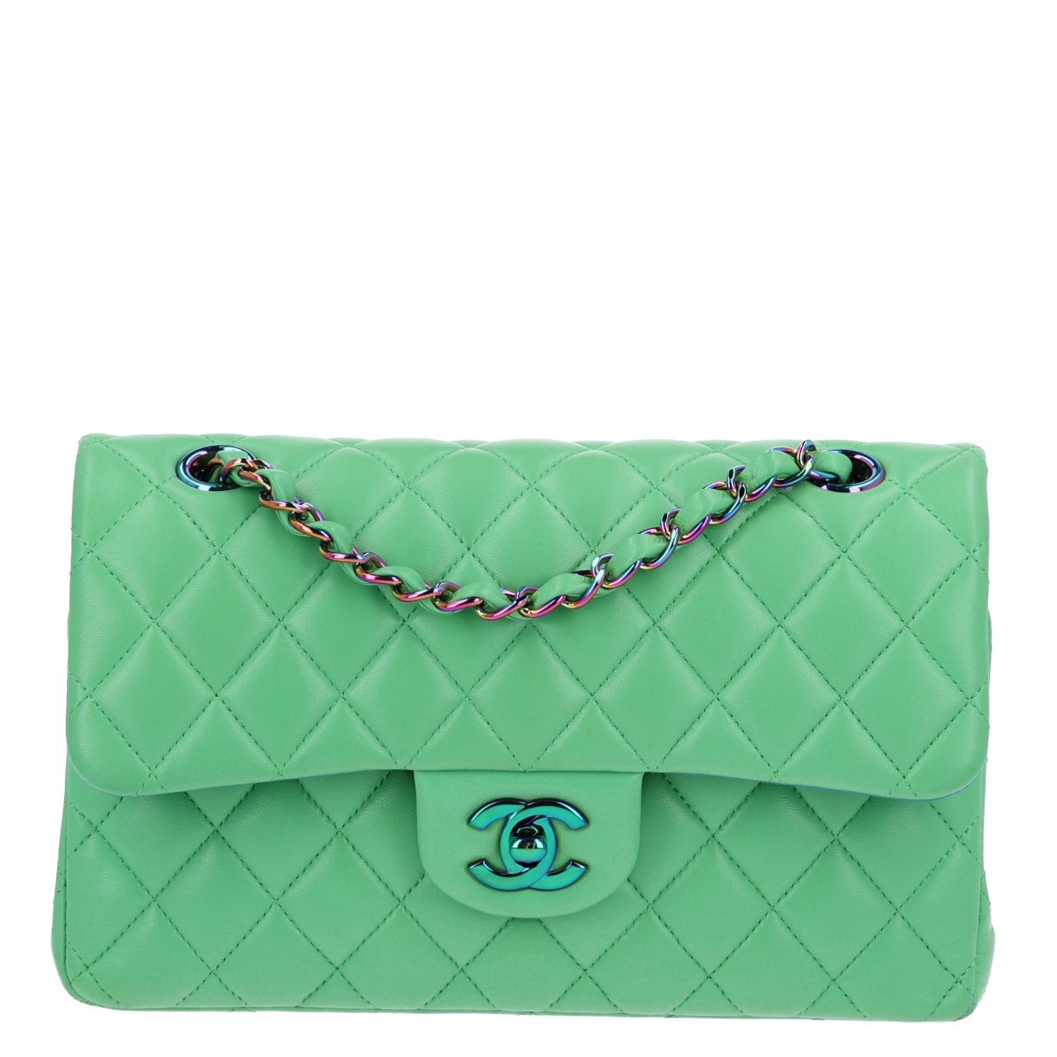 Lambskin Quilted Small Double Flap Green Blue