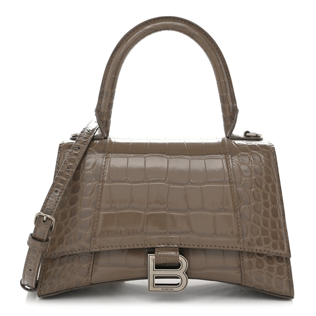 Calfskin Crocodile Embossed Small Hourglass Top Handle Bag Mink Grey