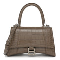 Calfskin Crocodile Embossed Small Hourglass Top Handle Bag Mink Grey