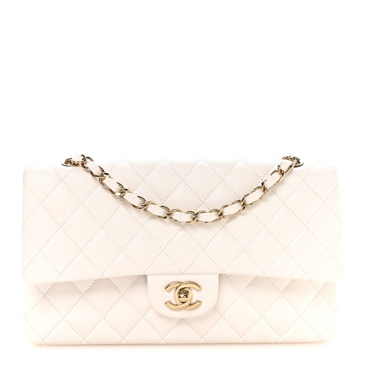 Caviar Quilted Medium Double Flap White