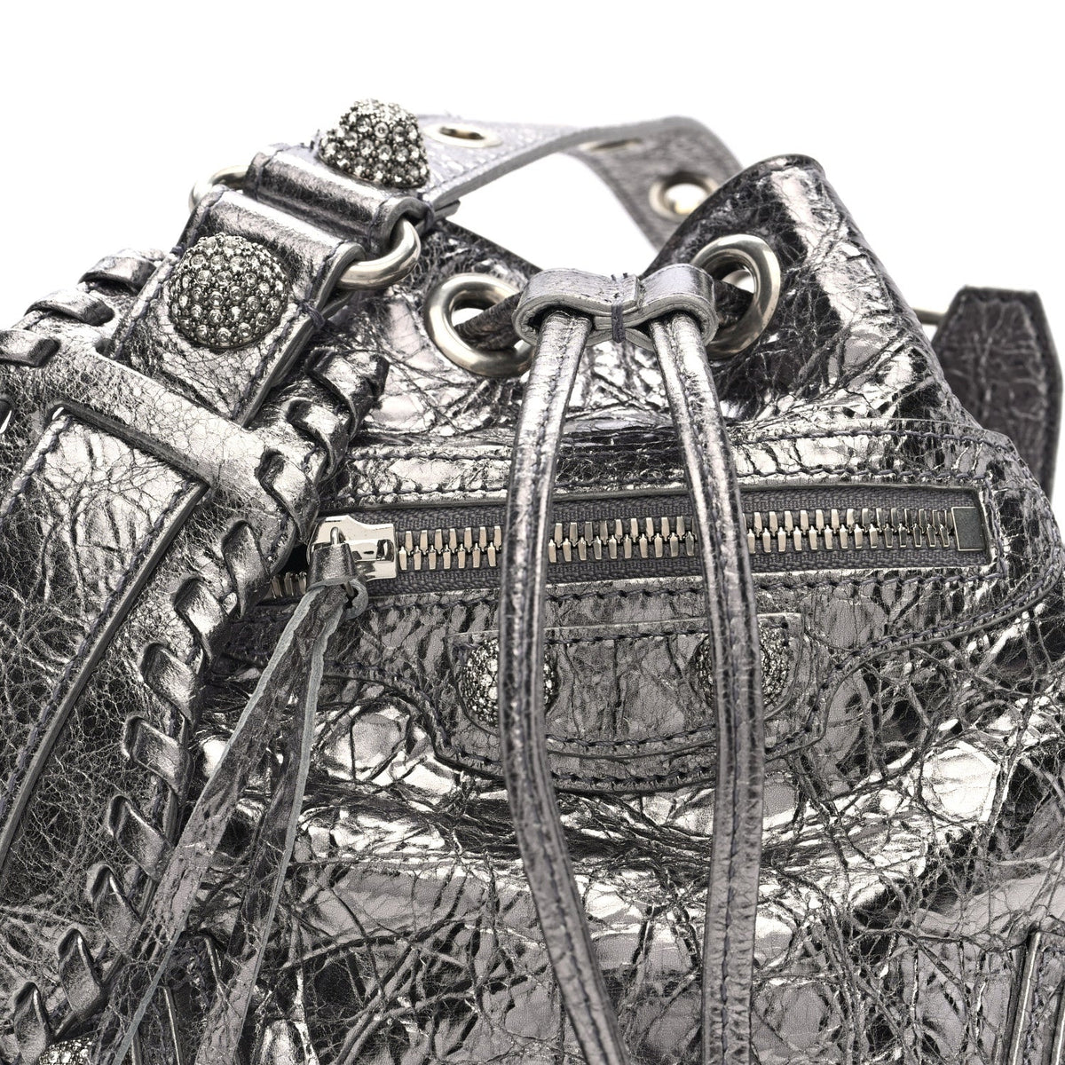 Metallic Agneau Arena Crystal Le Cagole Bucket Bag XS Silver