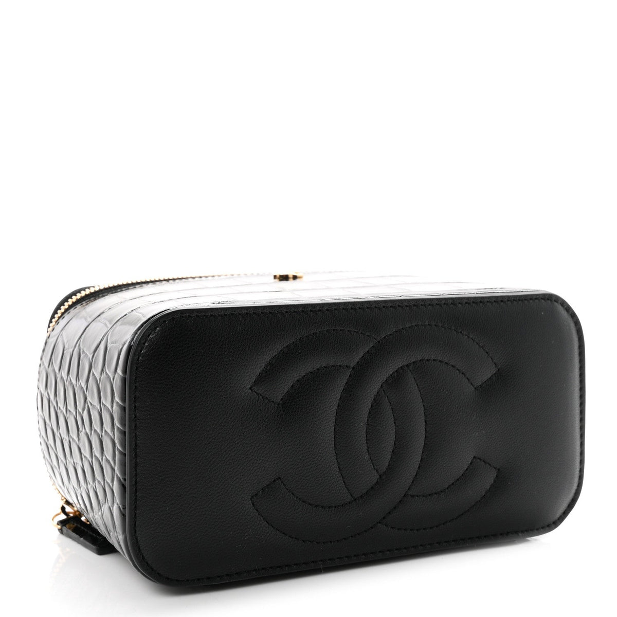 Calfskin Crocodile Embossed Crococo Small Top Handle Vanity Case With Chain Black