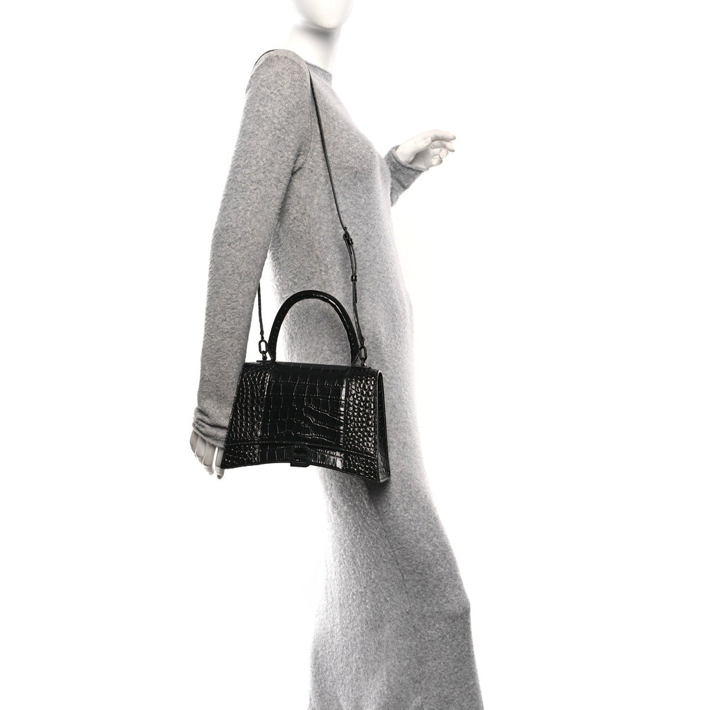 Shiny Calfskin Monochrome Crocodile Embossed Medium Hourglass Top Handle Bag Black