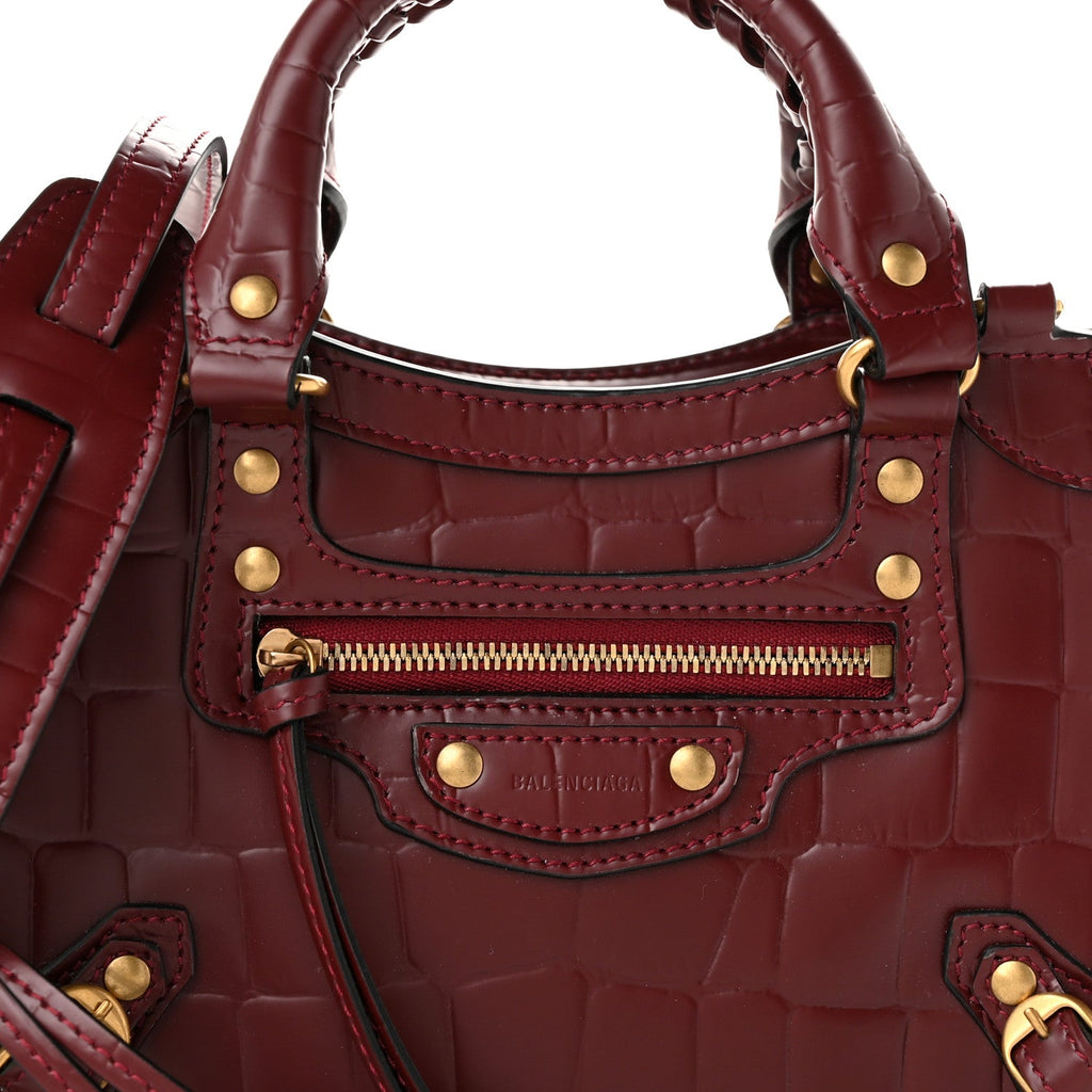 Semi Shiny Calfskin Crocodile Embossed Neo Classic Gold Hardware Mini City Dark Red