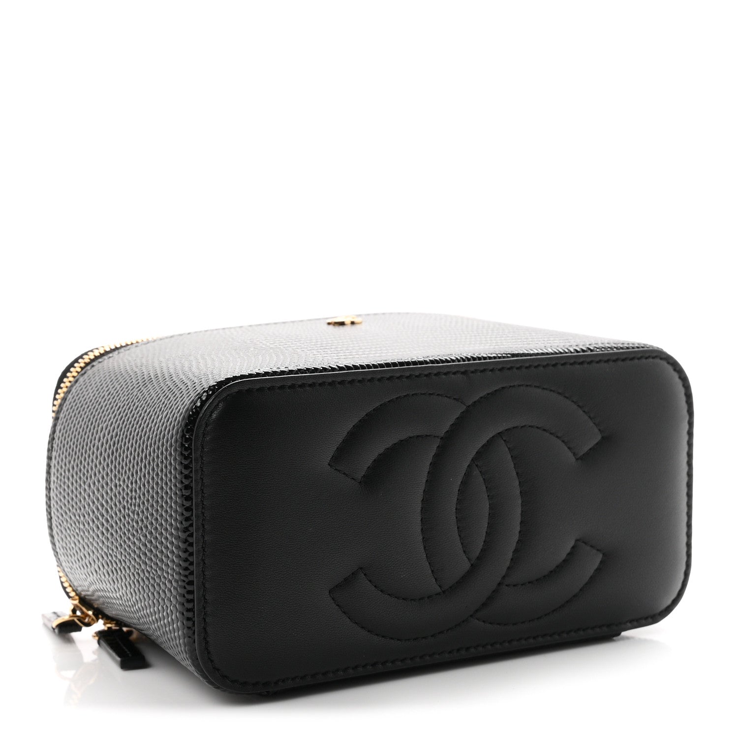 Calfskin Lizard Embossed Top Handle Vanity With Chain Black