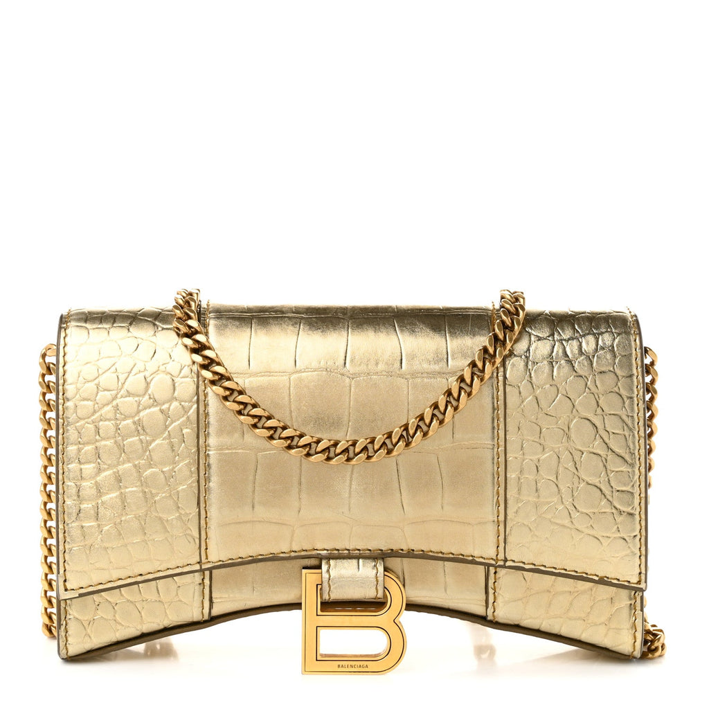 Metallic Calfskin Crocodile Embossed Hourglass Chain Bag Gold