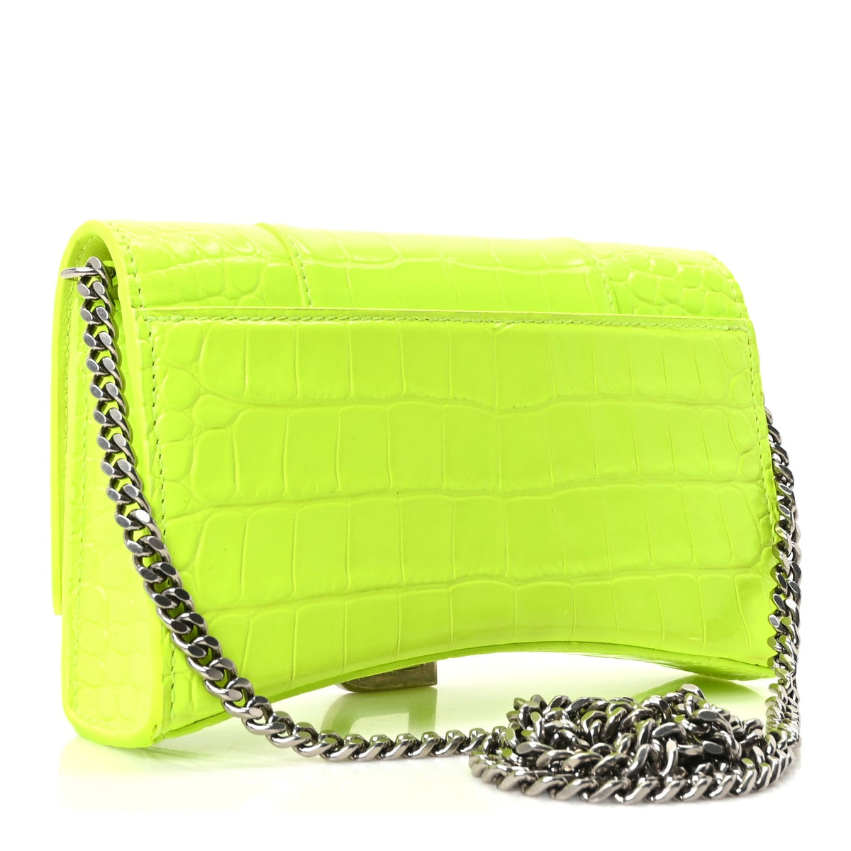 Shiny Calfskin Crocodile Embossed Hourglass Chain Bag Fluo Yellow