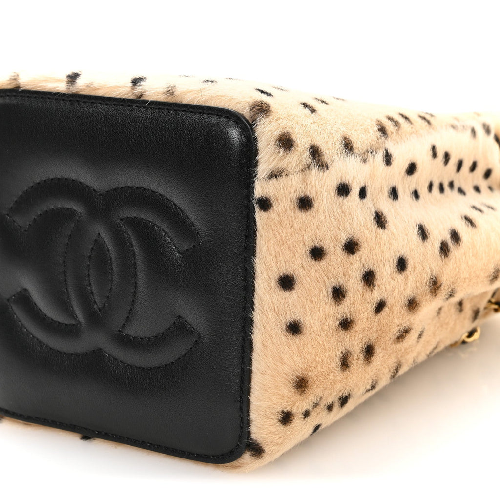 Pony Hair Cheetah Printed CC Chain Bucket Bag Light Beige Black