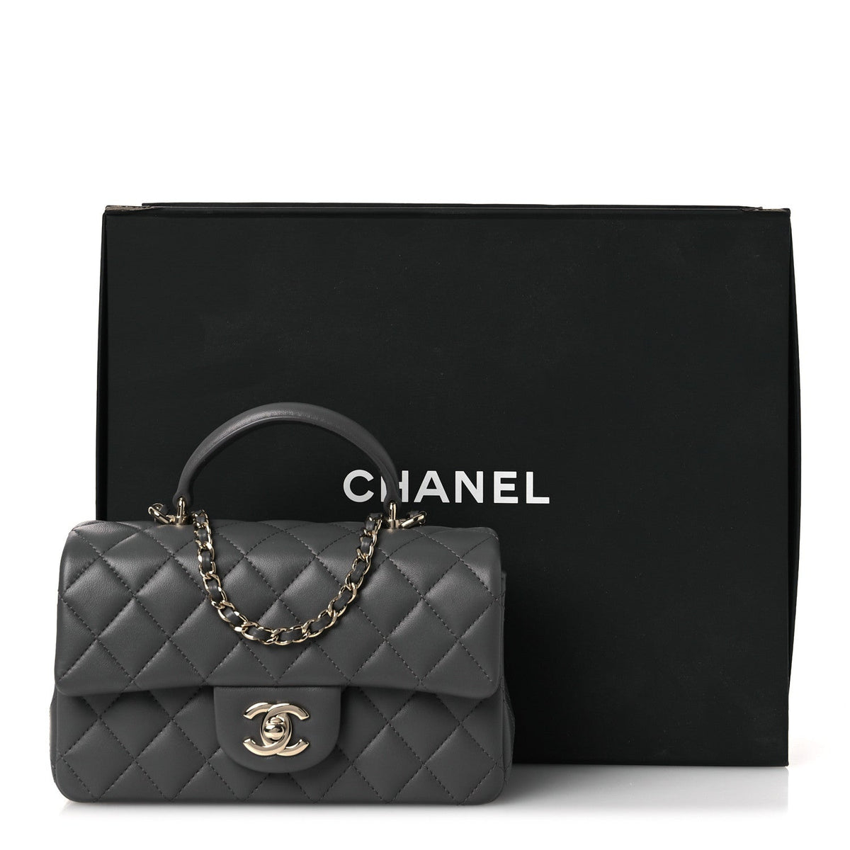 Lambskin Quilted Mini Top Handle Rectangular Flap Dark Grey
