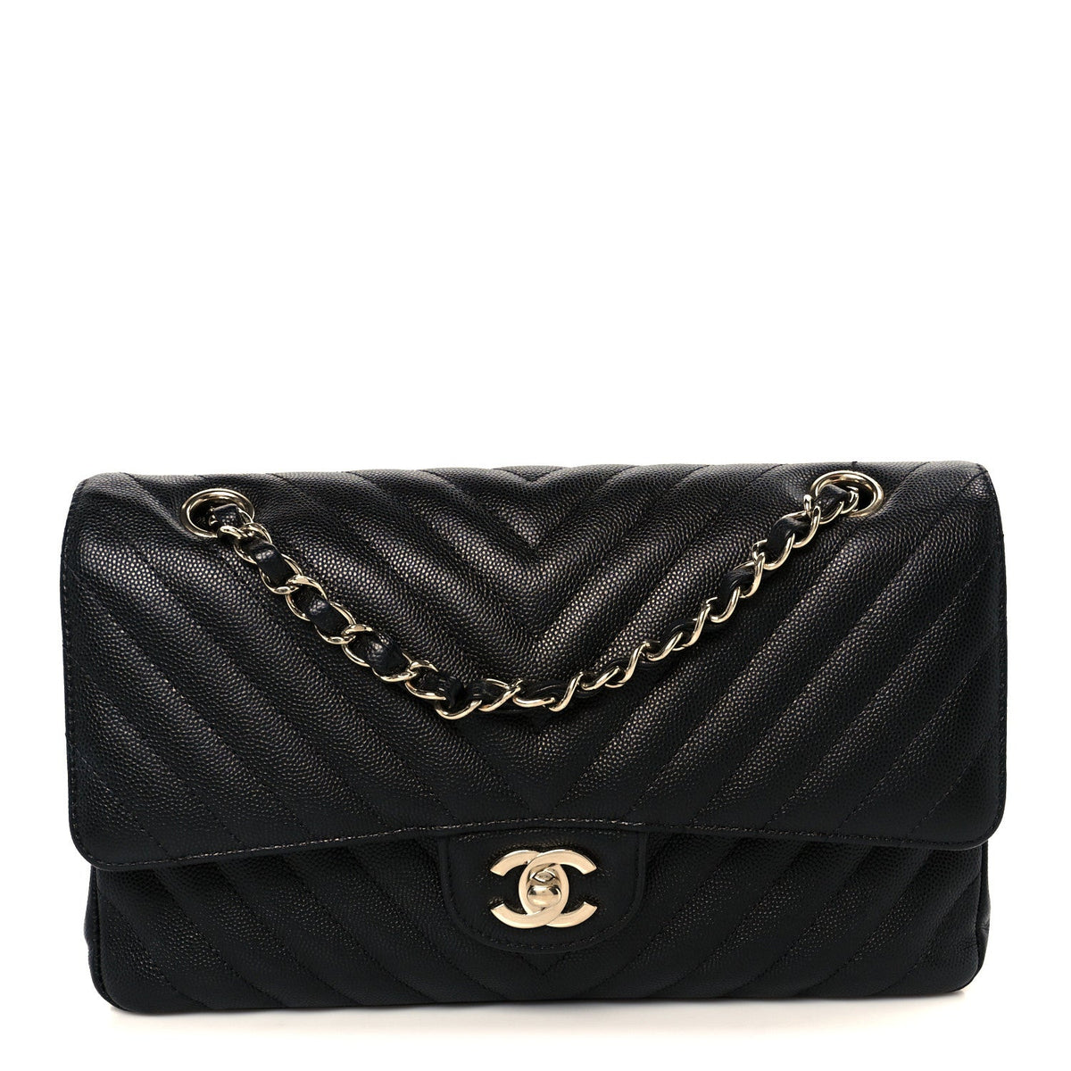 Caviar Chevron Quilted Medium Double Flap Black