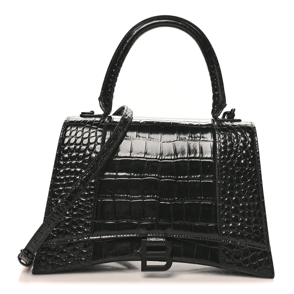 Shiny Calfskin Monochrome Crocodile Embossed Medium Hourglass Top Handle Bag Black