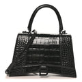 Shiny Calfskin Monochrome Crocodile Embossed Medium Hourglass Top Handle Bag Black