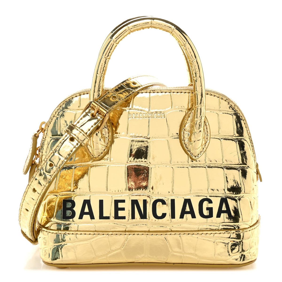 Metallic Calfskin Logo Crocodile Embossed XXS Ville Top Handle Bag Gold Black