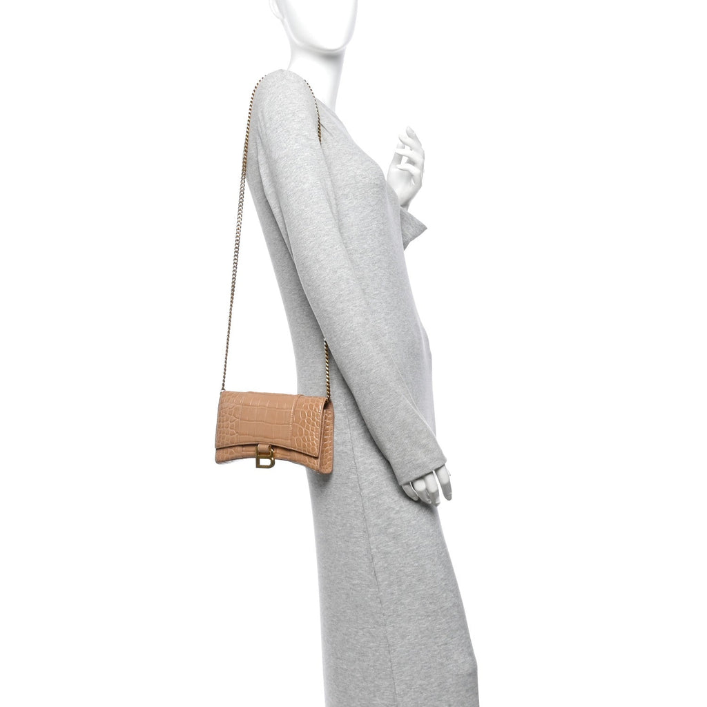 Shiny Calfskin Crocodile Embossed Hourglass Chain Bag Nude Beige