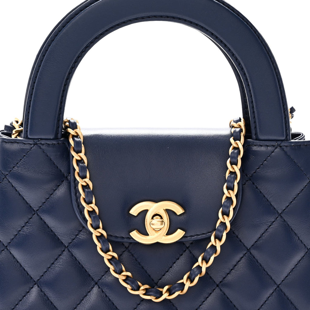 Shiny Aged Calfskin Quilted Nano Kelly Shopper Dark Blue