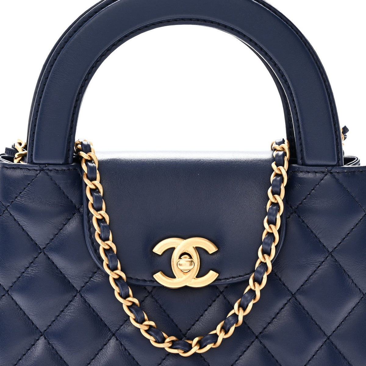 Shiny Aged Calfskin Quilted Nano Kelly Shopper Dark Blue