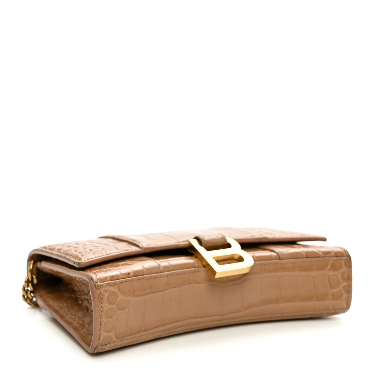 Shiny Calfskin Crocodile Embossed Hourglass Chain Bag Nude Beige