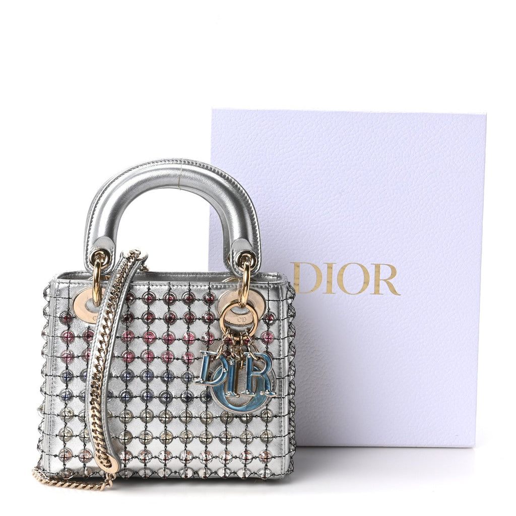 Metallic Calfskin Satin Celestial Bead Embroidery Cannage Mini Lady Dior Silver