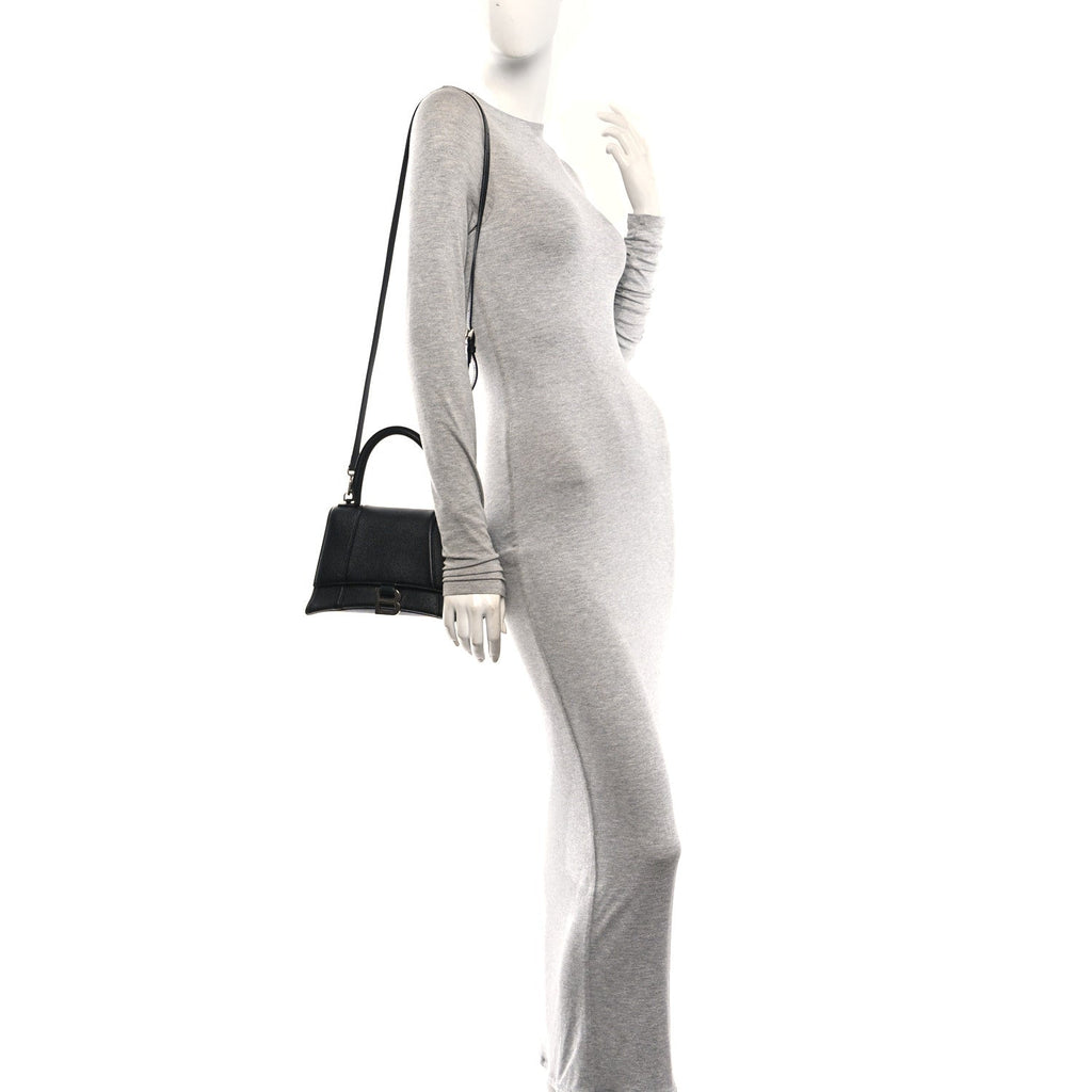 Grained Calfskin Small Hourglass Top Handle Bag Black
