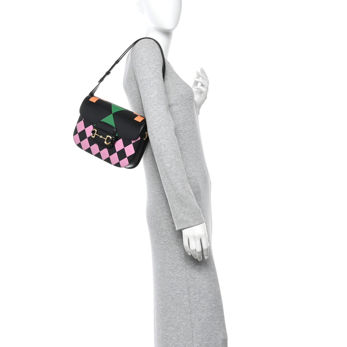 Textured Calfskin Geometric Print Horsebit 1955 Shoulder Bag Black Multicolor