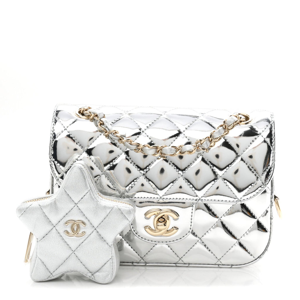 Mirror Calfskin Metallic Calfskin Quilted Hollywood Boulevard Mini Flap With Star Coin Purse Silver