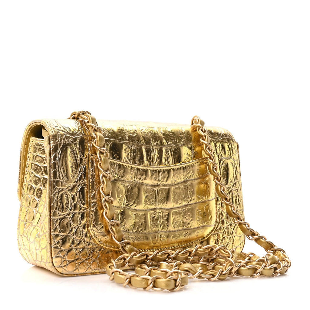 Metallic Calfskin Crocodile Embossed Cocodile Rectangular Mini Flap Gold