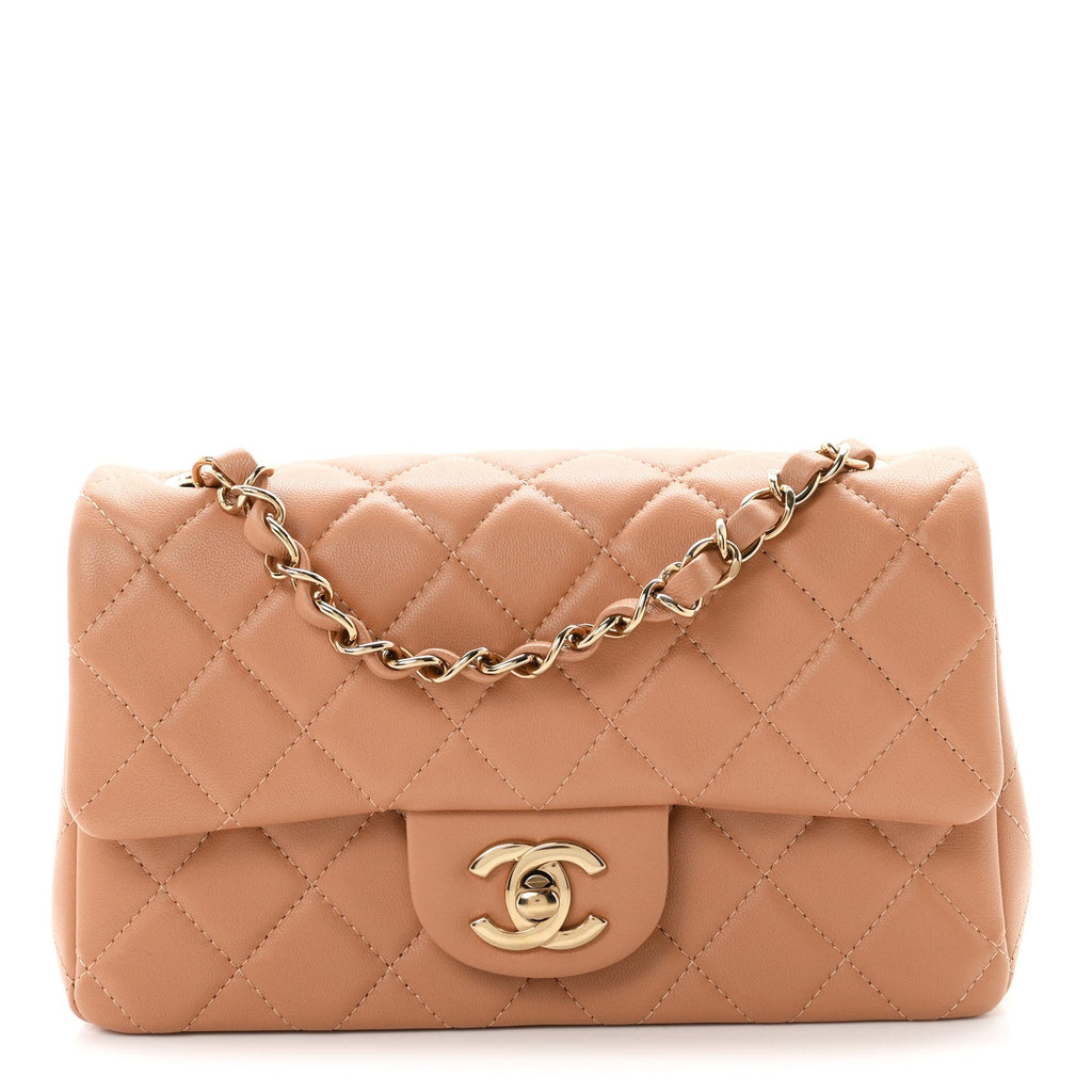 Lambskin Quilted Mini Rectangular Flap Dark Beige