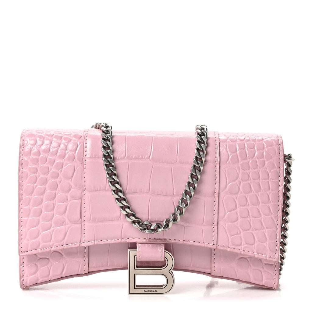 Shiny Calfskin Crocodile Embossed Hourglass Chain Bag Powder Pink
