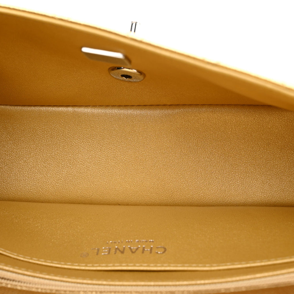 Metallic Caviar Quilted Top Handle East West Flap Gold