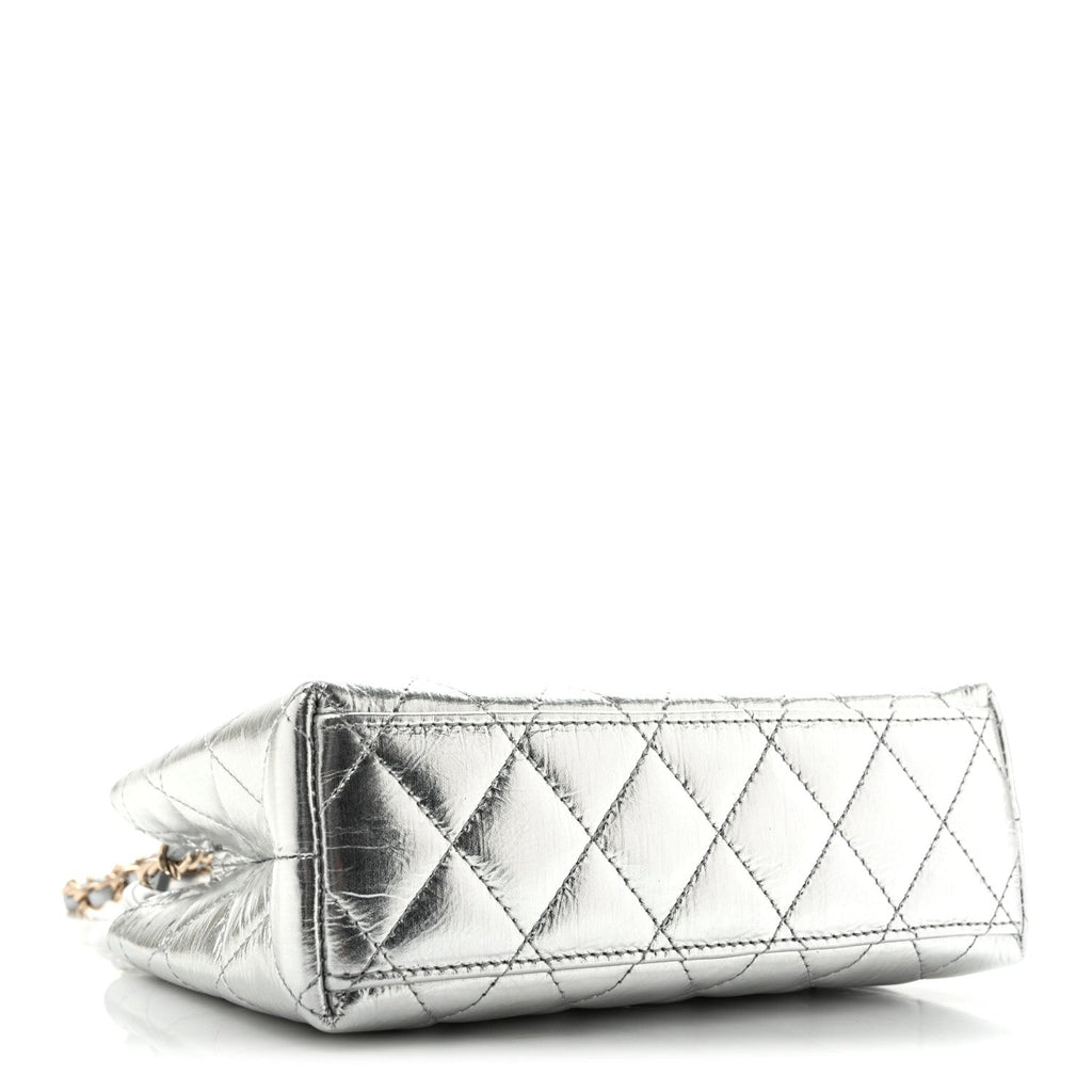 Metallic Aged Calfskin Quilted Nano Kelly Shopper Silvery