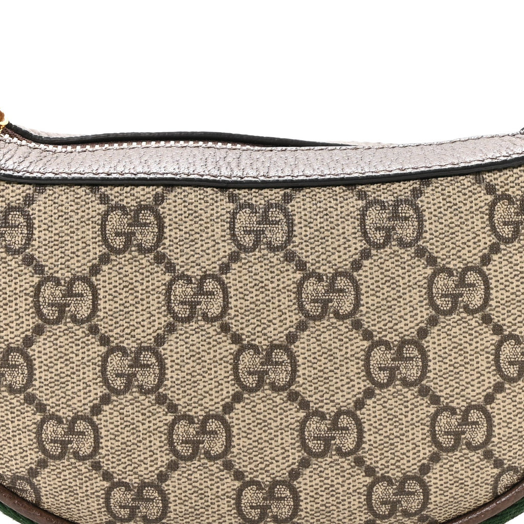 GG Supreme Monogram Textured Calfskin Web Mini Ophidia Half Moon Hobo Beige Ebony New Acero