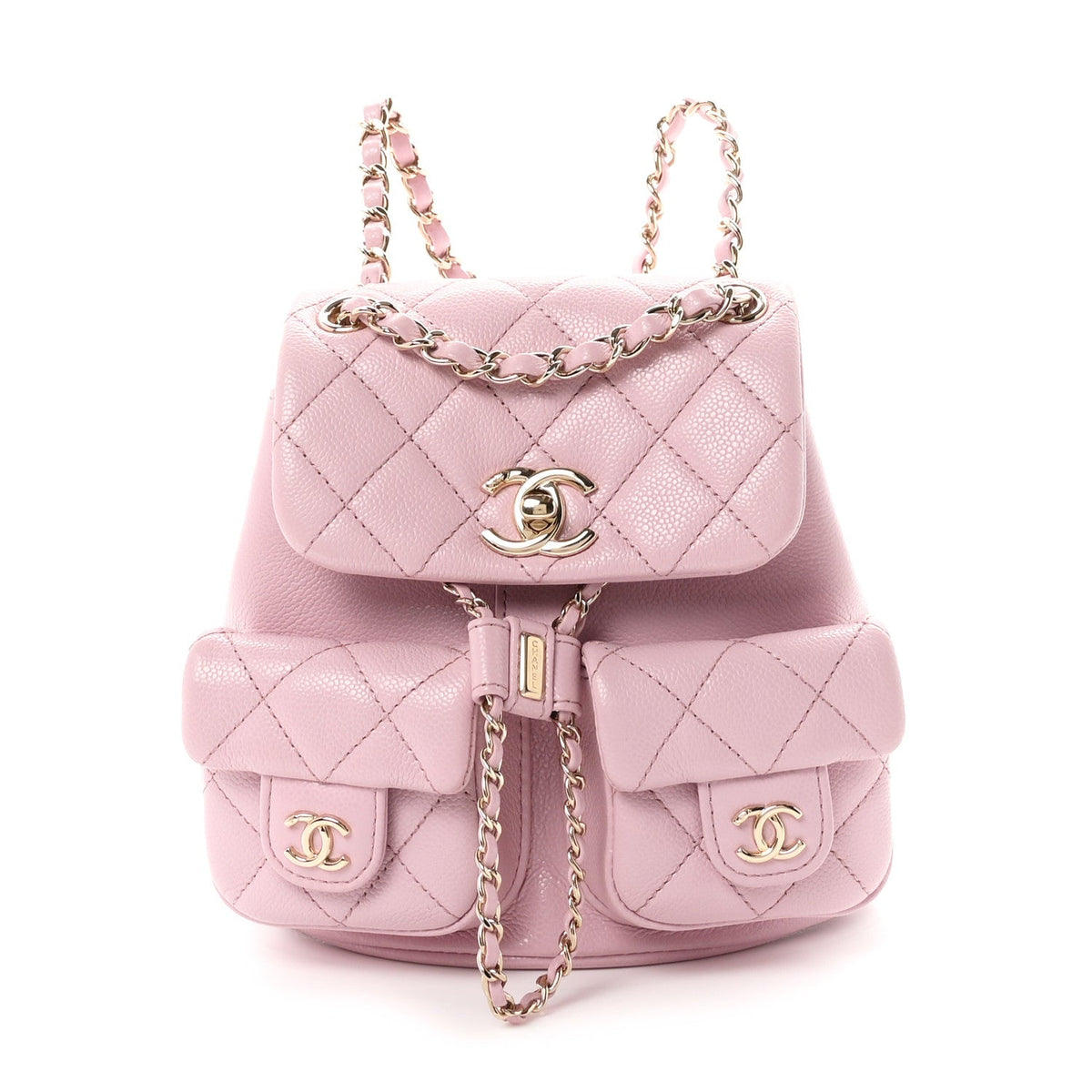 Shiny Caviar Quilted Small Duma Pockets Drawstring Backpack Pink