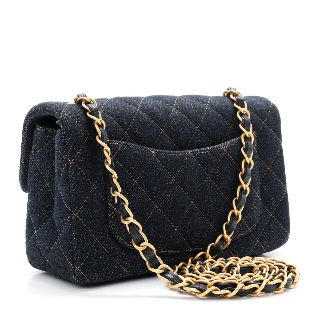 Denim Quilted Mini Rectangular Flap Dark Blue
