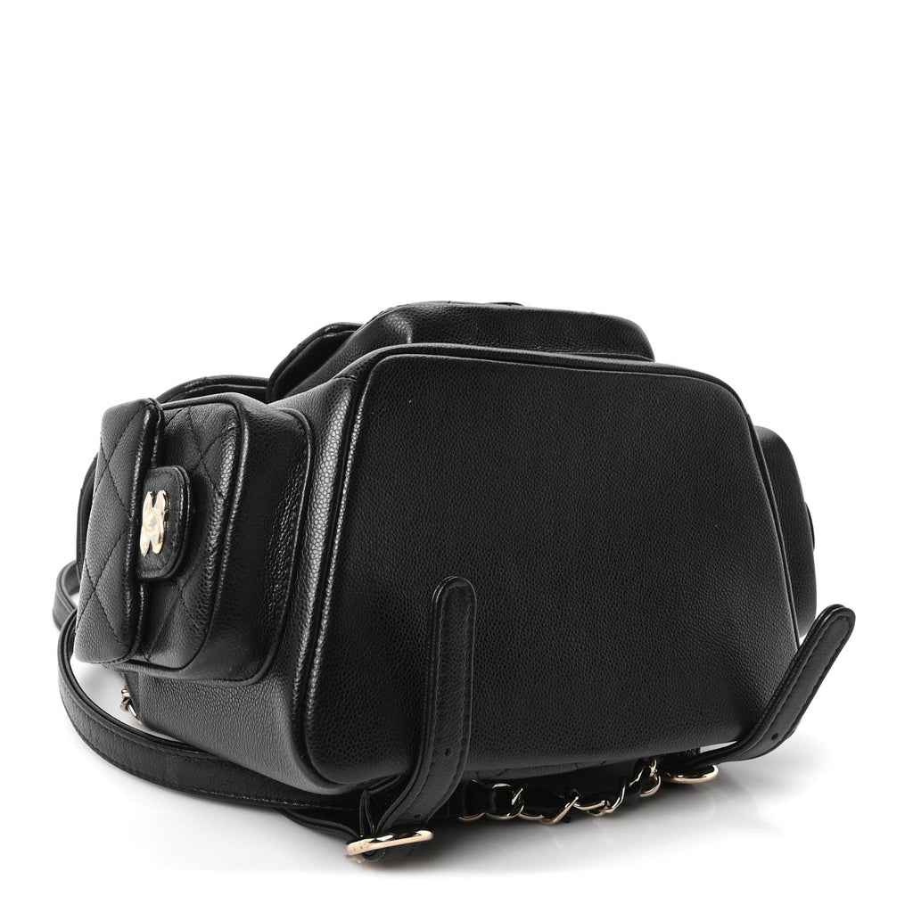 Shiny Caviar Quilted Small Pockets Drawstring Backpack Black
