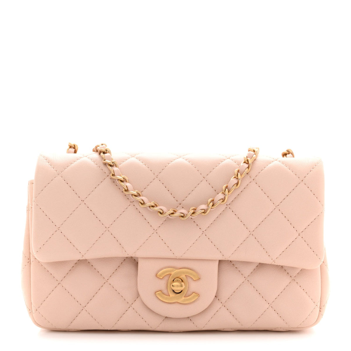 Lambskin Quilted Mini Rectangular Pearl Crush Flap Light Beige