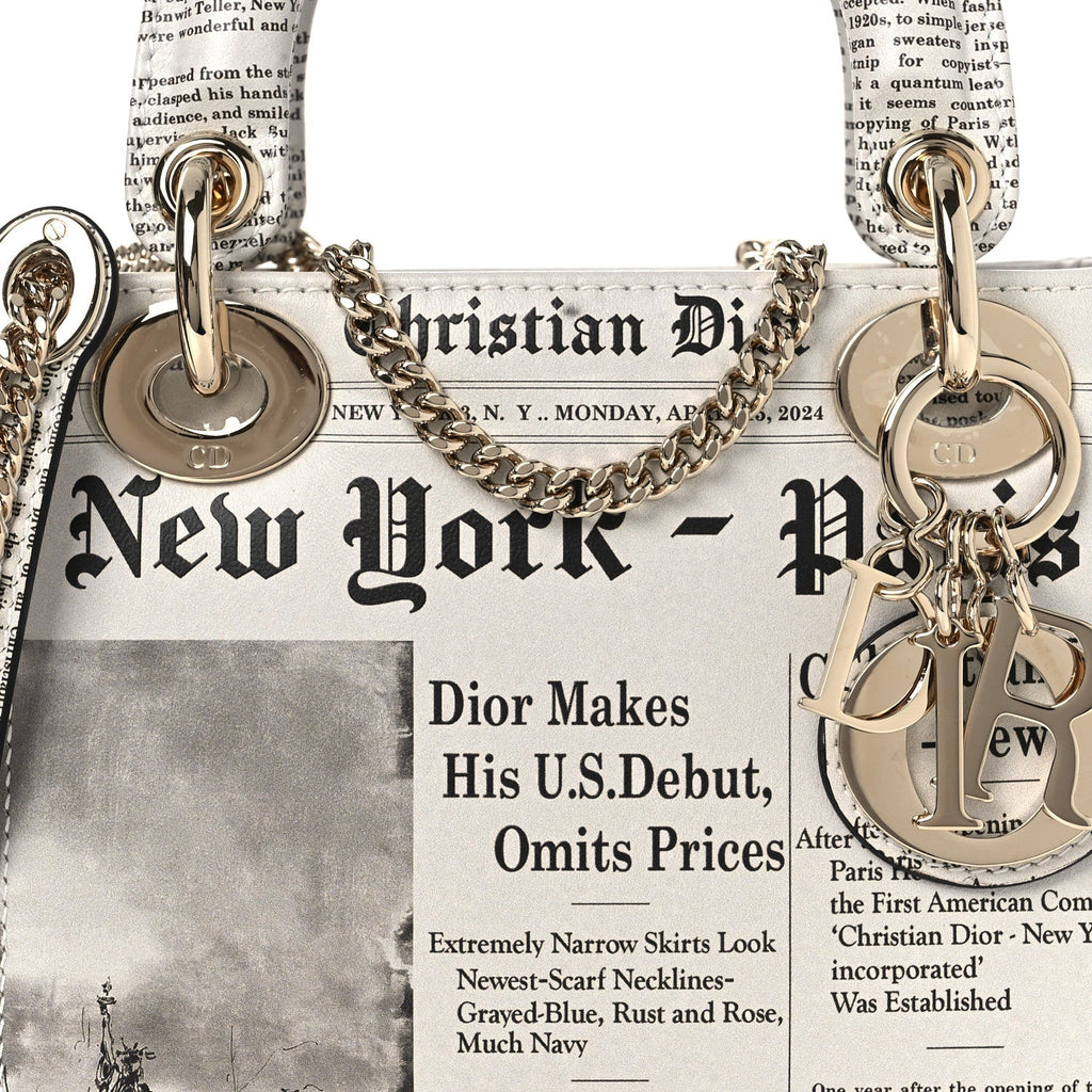Calfskin Newspaper Printed Mini Lady Dior Black White